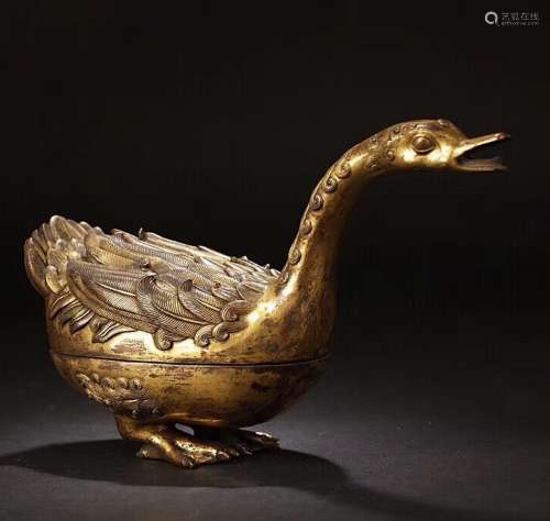 Chinese Qing Dyn. Gilt Bronze Duck Incense Burner