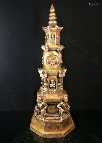 Tang Gilt Bronze Tiered Stupa With Inscription