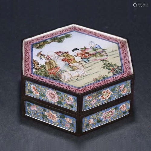 Famille Rose Enameled Hexagonal Bronze Box and Cover