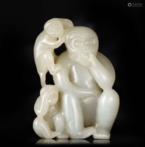 Chinese Qing Dyn. Carved Hetian Jade Monkey Toggle