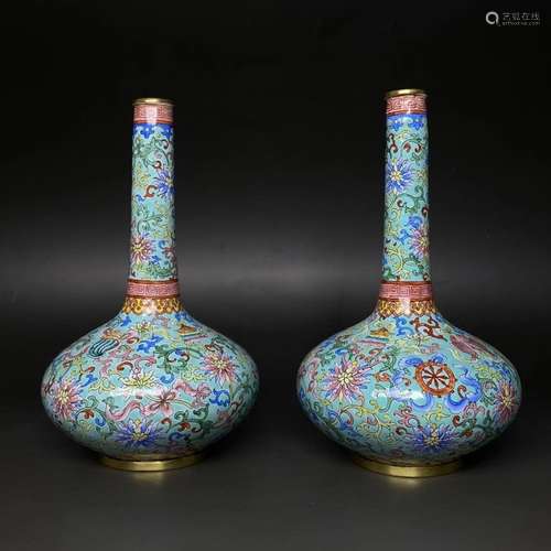 Pair Of Turquoise-Ground Enameled Bronze Vase, Marked