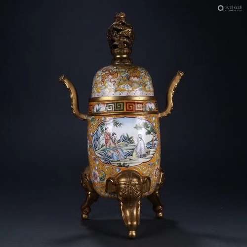 Enameled Gilt Bronze 'Figural' Tripod Incense Burner