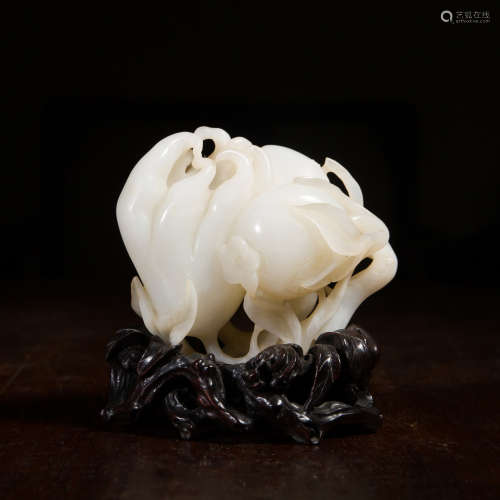 Chinese Carved White Jade Fruit Toggle on Stand