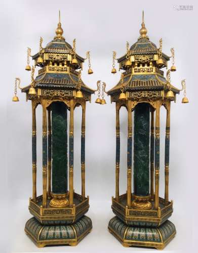Pair Of Finely Carved Spinach Jade Cloisonne Stupa