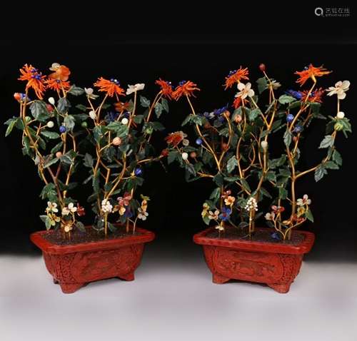 Pair of Carved Red Cinnabar Jardenier With Gem Flowers