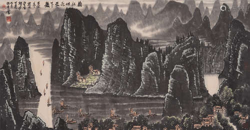 Chinese Ink Color Painting Of Mountains And Rivers