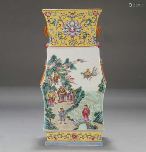 Chinese Yellow Ground Famille Rose Figure Story Square Porcelain Zun