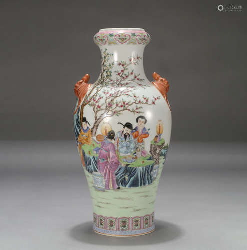 Chinese Famille Rose Figure Story Double Handle Porcelain Vase