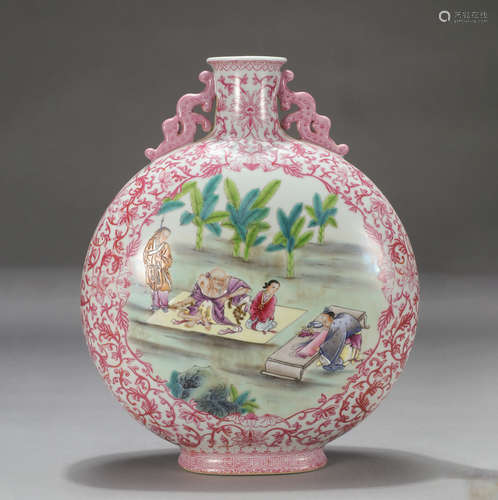 Chinese Famille Rose Figure Story Porcelain Flat Vase