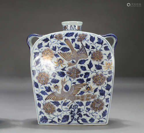 Chinese Blue White Gold-Traced Double Phoenixes Flat Vase