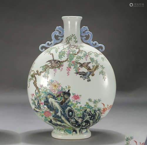 Chinese Blue White Flower Bird Double Handle Flat Vase