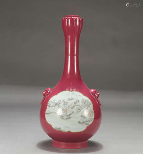 Chinese Carmine Red Glaze Famille-Rose Garlic Head Shape Vase