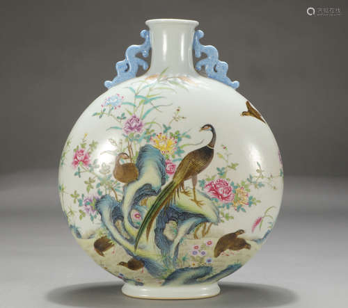 Chinese Famille Rose Flower And Bird Double Handle Vase