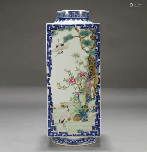 Chinese Blue White Famille Rose Flower And Bird Square Vase