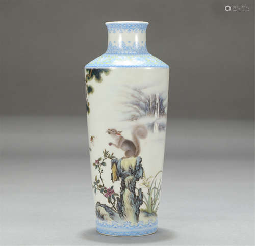 Chinese Famille Rose Squirrel And Landscape Porcelain Guanyin Vase