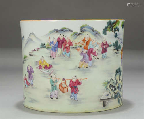 Chinese Famille Rose Children-At-Play Porcelain Brush Pot