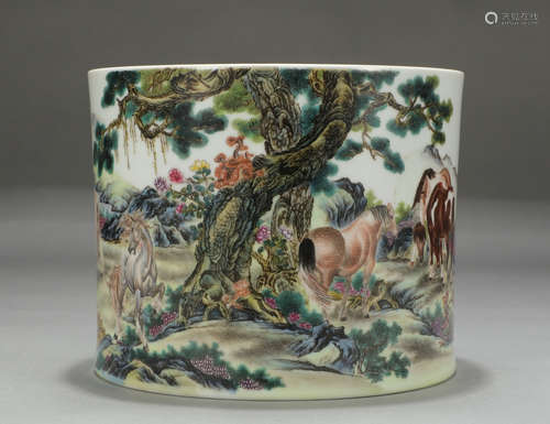 Chinese Famille Rose Steeds And Landscape Porcelain Brush Pot