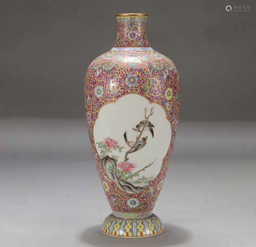 Chinese Carmine Red Famille Rose Flower And Bird Vase