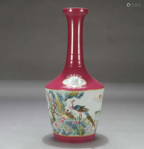 Chinese Carmine Red Glaze Famille Rose Long Neck Vase