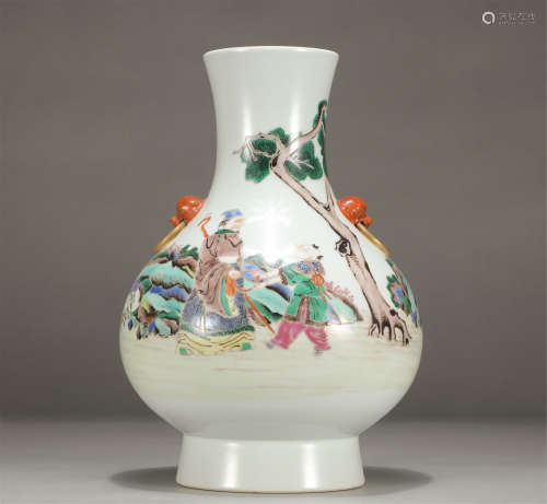 Chinese Wucai Figure Story Double Handle Porcelain Vase