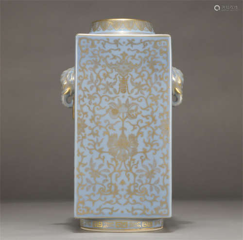 Chinese Blue Glaze Gold-Traced Pattern Double Handle Square Vase
