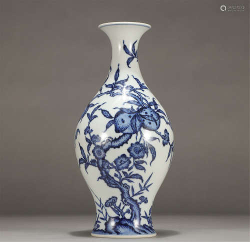 Chinese Blue White Fruit And Flower Pattern Guanyin Vase
