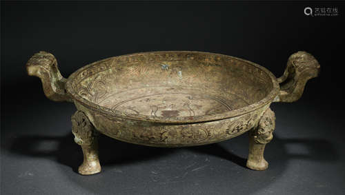 Chinese Inlaid Gold Beast Pattern Triple Footed Bronze Dish