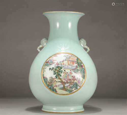 Chinese Pea Green Glaze Famille Rose Figure Story Vase