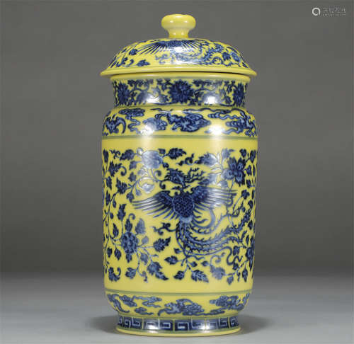 Chinese Blue White Phoenix Yellow Glaze Lidded Jar