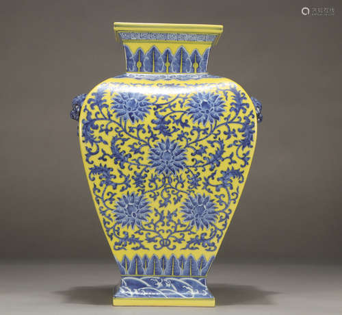 Chinese Blue White Porcelain Yellow Glaze Double Handle Zun