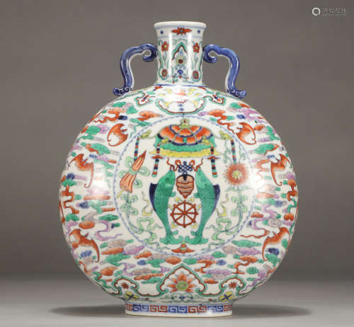Chinese Doucai Double Fish Pattern Porcelain Flat Vase