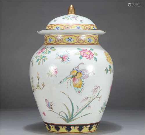 Chinese Famille Rose Flower And Bird Hat-Covered Jar