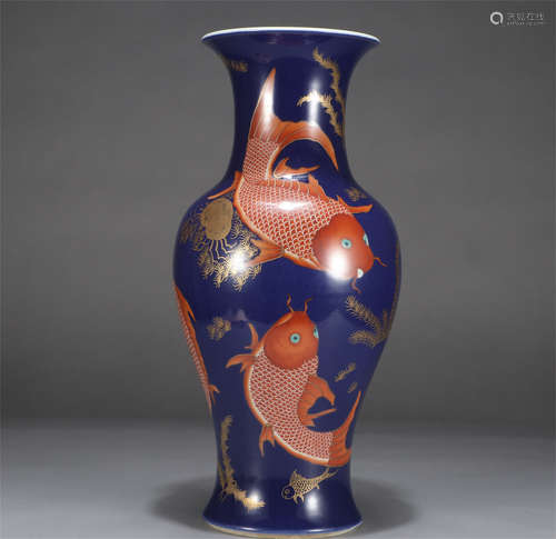 Chinese Blue Glaze Iron-Red Fish Grass Pattern Guanyin Vase