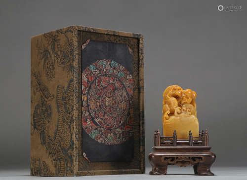 Chinese Shoushan Yellow Soap Stone Carved Dragon Pattern Square Seal