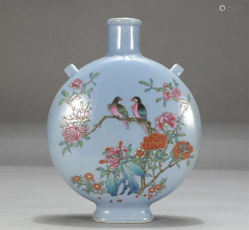 Chinese Blue Glaze Famille Rose Flower And Bird Flat Vase