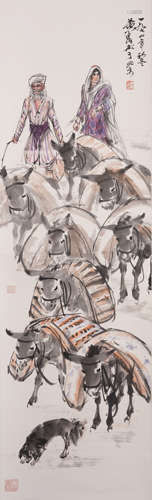 Chinese Hanging Scroll Painting Of Driving Donkeys