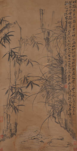 Chinese Painting Hanging Scroll Of Bamboos And Orchids