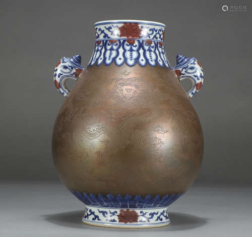 Chinese Blue White Imitate Bronze Double Handle Zun