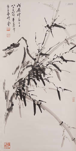 Chinese Ink Painting Hanging Scroll Of Bamboos