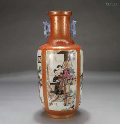 Chinese Famille Rose Ladies’ Story Double Handle Porcelain Vase