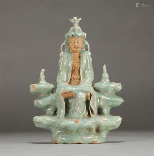 Chinese Longquan Ware Celadon Glaze Porcelain Guanyin Statue