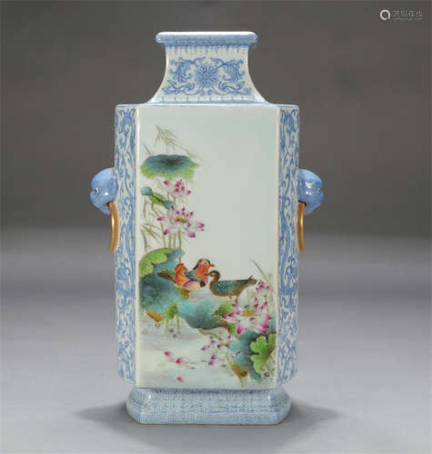 Chinese Famille Rose Mandarin-Duck-In-Lily-Pond Square Vase