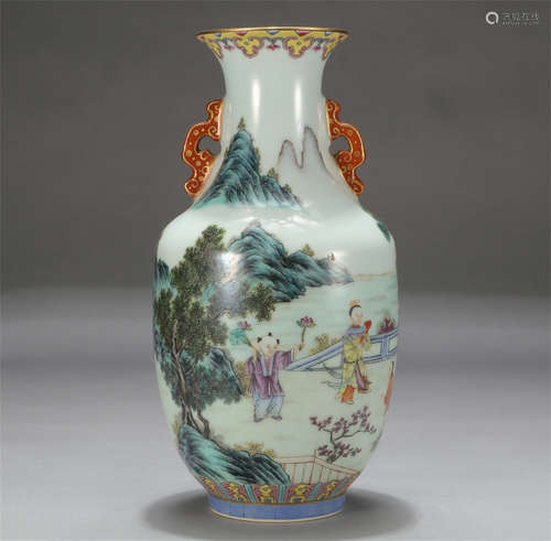 Chinese Famille Rose Children-At-Play Double Handle Porcelain Vase