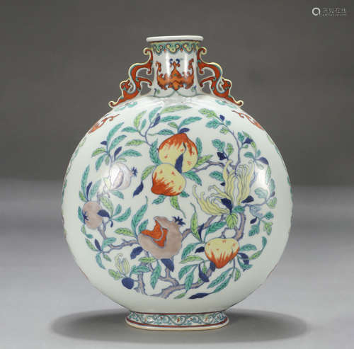 Chinese Doucai Flower And Fruit Porcelain Flat Vase