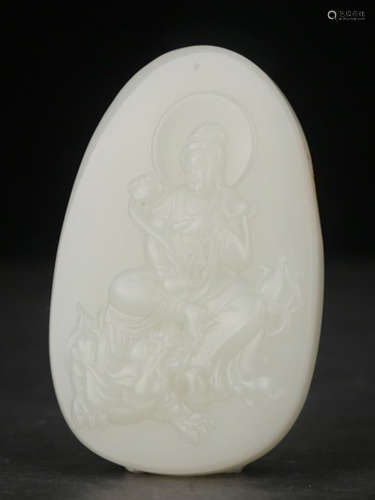 HETIAN JADE TABLET CARVED WITH GUANYIN BUDDHA