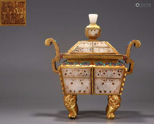 A QIANLONG MARK HETIAN JADE WITH GILT BRONZE CENSER