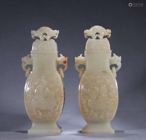 PAIR OF HETIAN JADE DOUBLE EAR VASE WITH FIGURE PATTERN