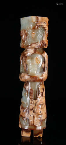 AN ANTIQUE JADE CARVED FIGURE SHAPE PENDANT