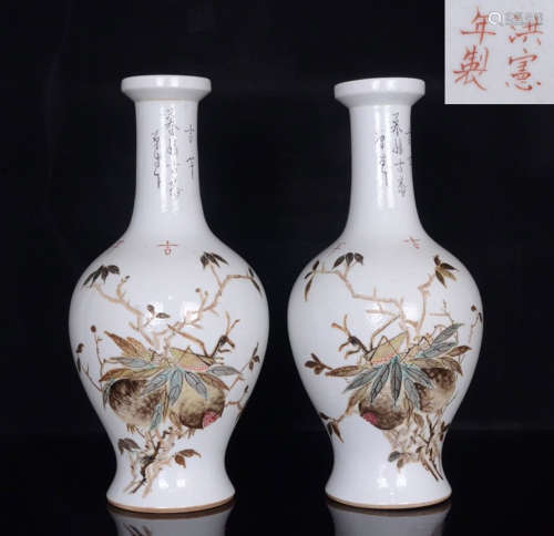 HONGXIANNIANZHI MARK FAMILLE ROSE GLAZE VASE PAIR