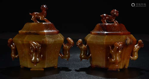 PAIR OF ANTIQUE JADE CENSER CARVED WITH BEAST